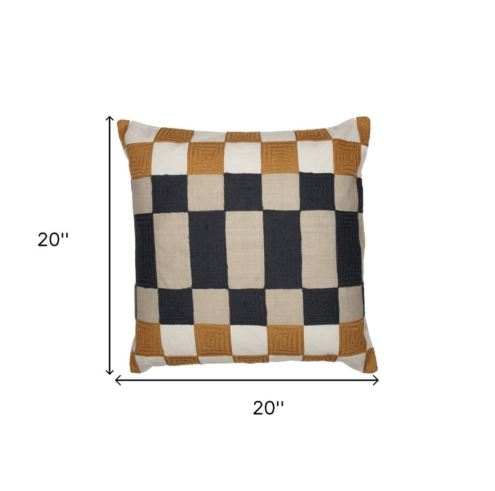 20" Yellow and Gray Check Throw Pillow With Embroidery