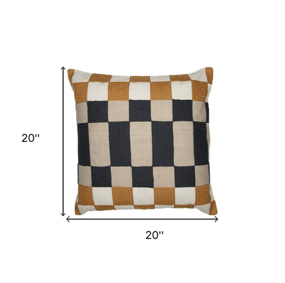 20" Navy Blue Check Throw Pillow With Embroidery