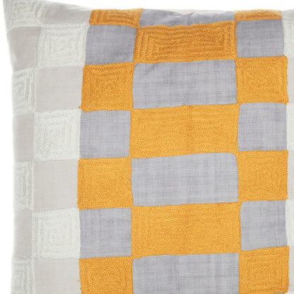 20" Yellow and Gray Check Throw Pillow With Embroidery