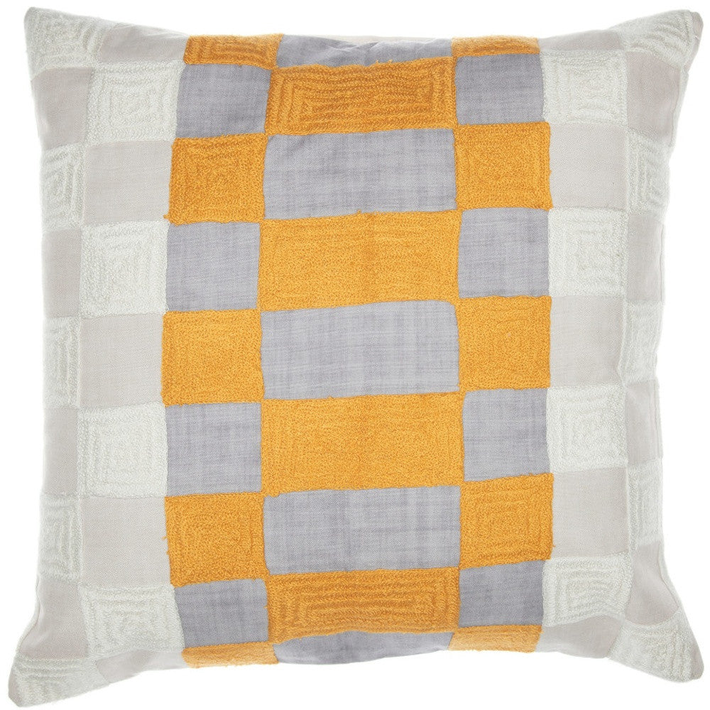 20" Yellow and Gray Check Throw Pillow With Embroidery