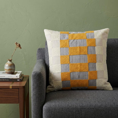 20" Yellow and Gray Check Throw Pillow With Embroidery