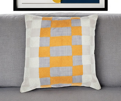 20" Navy Blue Check Throw Pillow With Embroidery