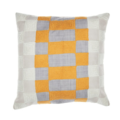 20" Yellow and Gray Check Throw Pillow With Embroidery