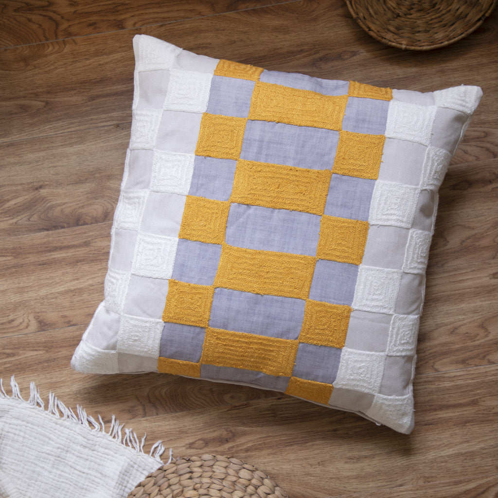 20" Yellow and Gray Check Throw Pillow With Embroidery