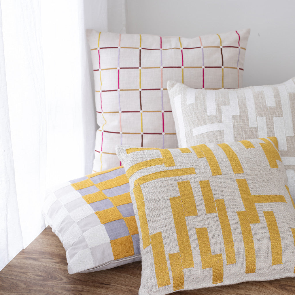 20" Yellow and Gray Check Throw Pillow With Embroidery