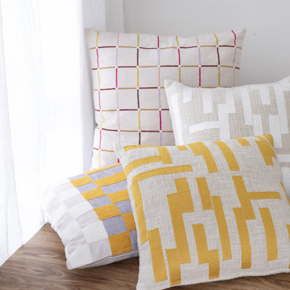 20" Yellow and Gray Check Throw Pillow With Embroidery