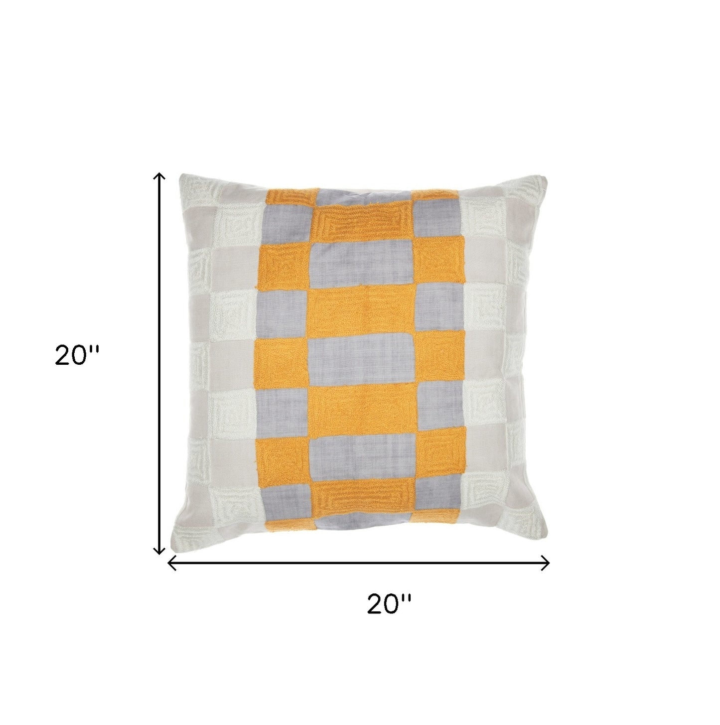 20" Yellow and Gray Check Throw Pillow With Embroidery