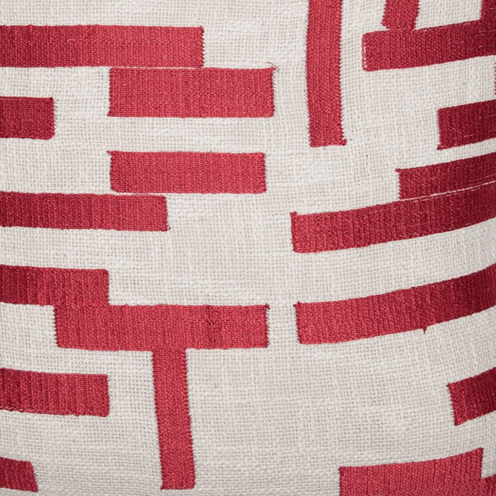 20" Red and Ivory Geometric Cotton Blend Throw Pillow With Embroidery