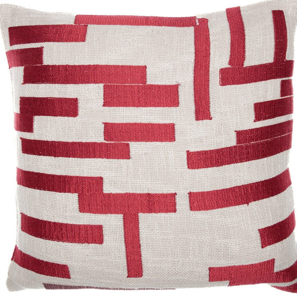 20" Red and Ivory Geometric Cotton Blend Throw Pillow With Embroidery