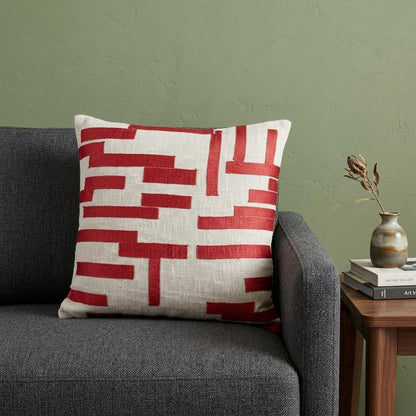 24" Red and Ivory Geometric Cotton Blend Throw Pillow With Embroidery