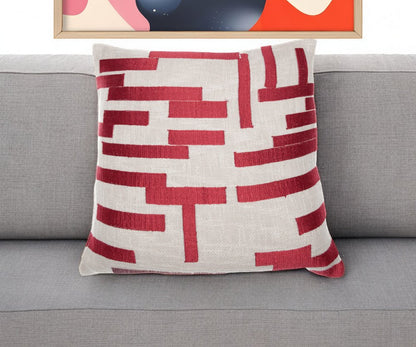 24" Yellow and Ivory Geometric Cotton Blend Throw Pillow With Embroidery