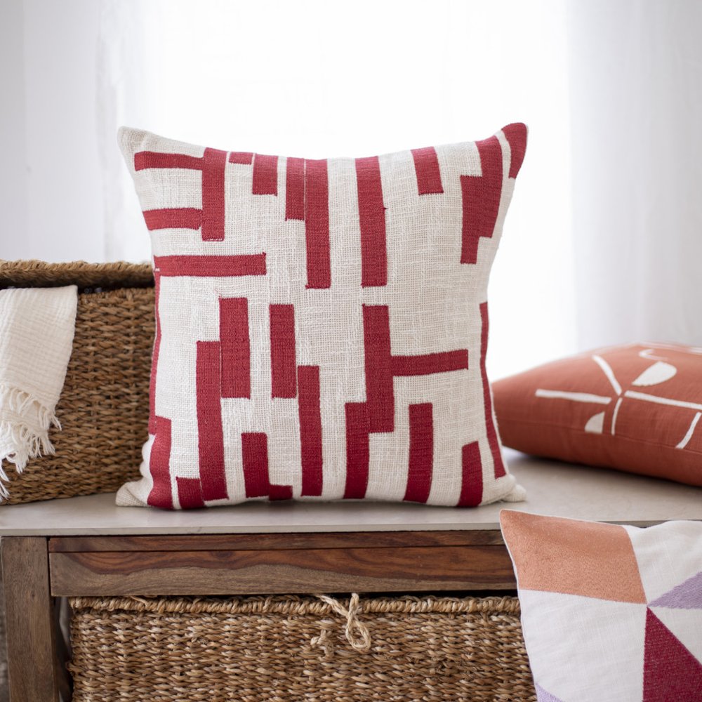 20" Red and Ivory Geometric Cotton Blend Throw Pillow With Embroidery