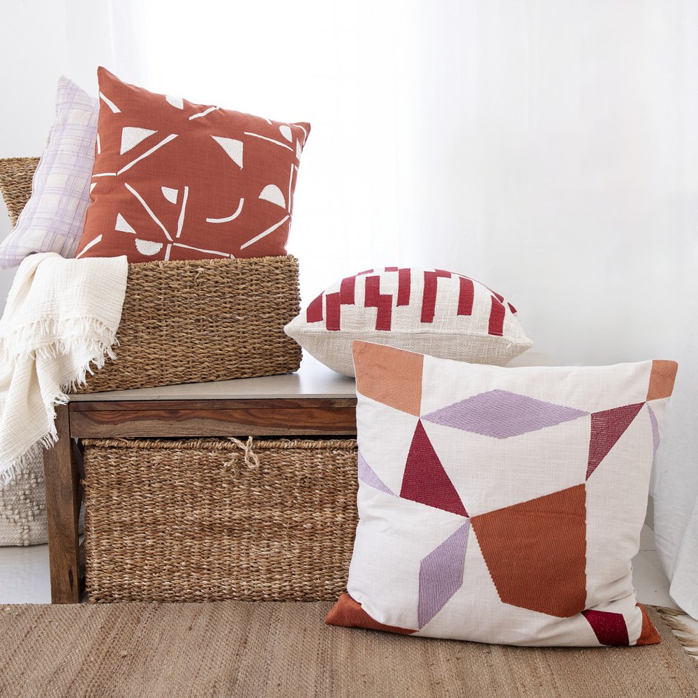 20" Red and Ivory Geometric Cotton Blend Throw Pillow With Embroidery