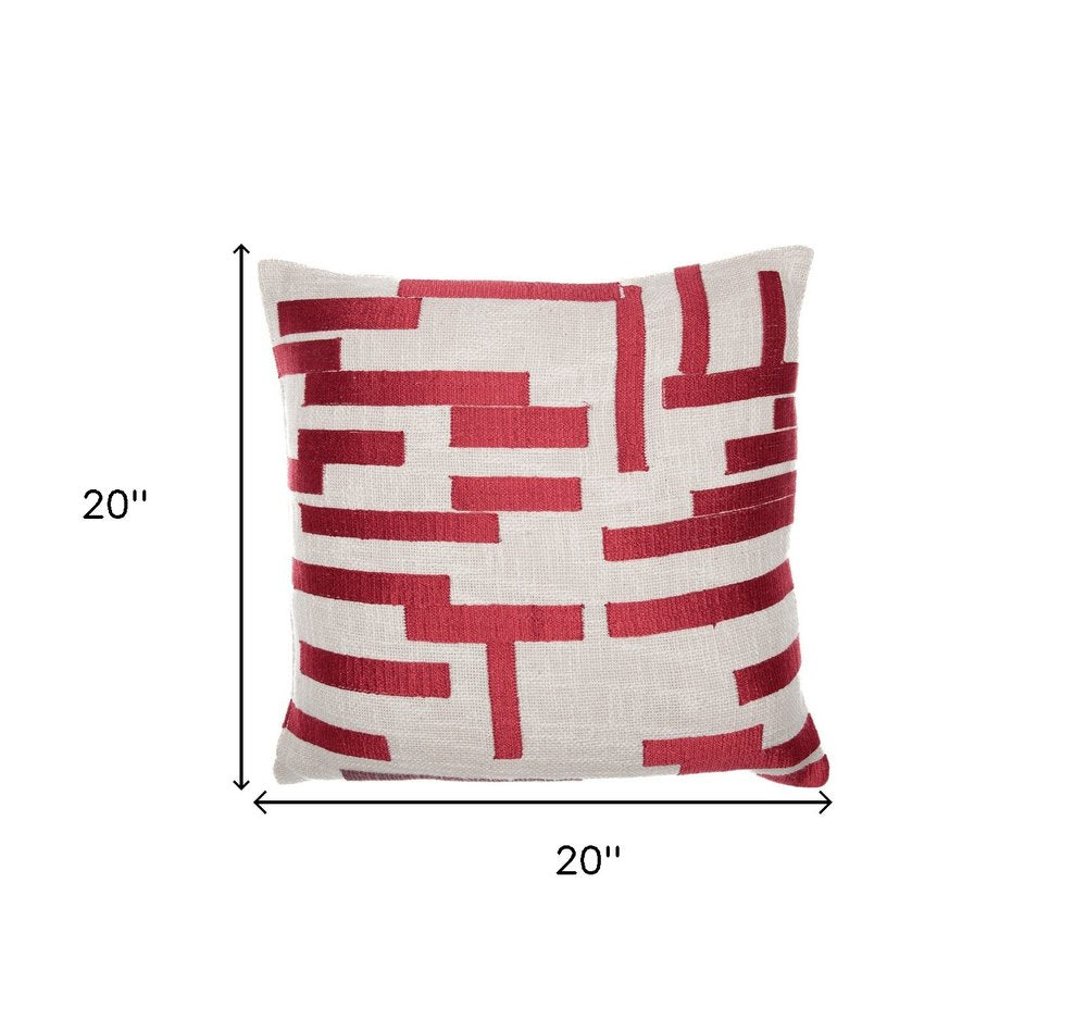 20" Red and Ivory Geometric Cotton Blend Throw Pillow With Embroidery