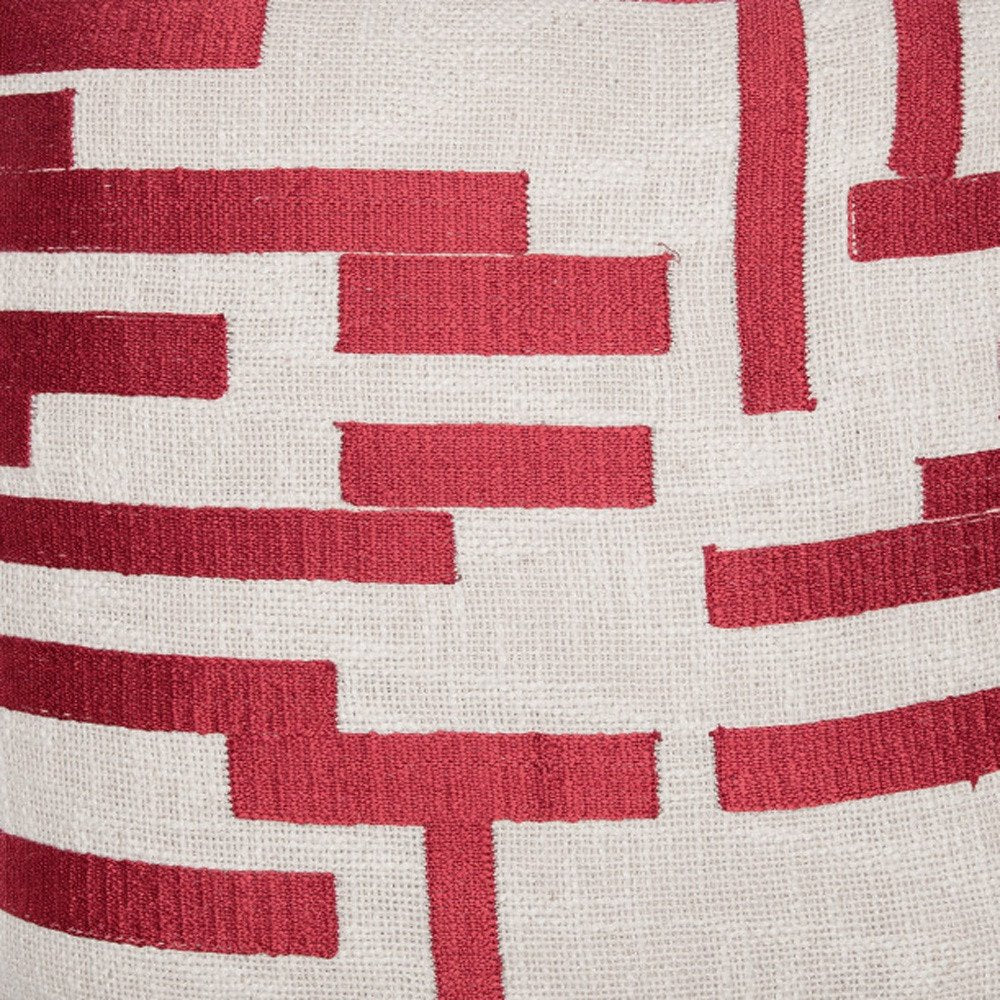 20" Red and Ivory Geometric Cotton Blend Throw Pillow With Embroidery