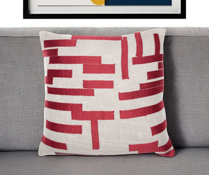 20" Red and Ivory Geometric Cotton Blend Throw Pillow With Embroidery
