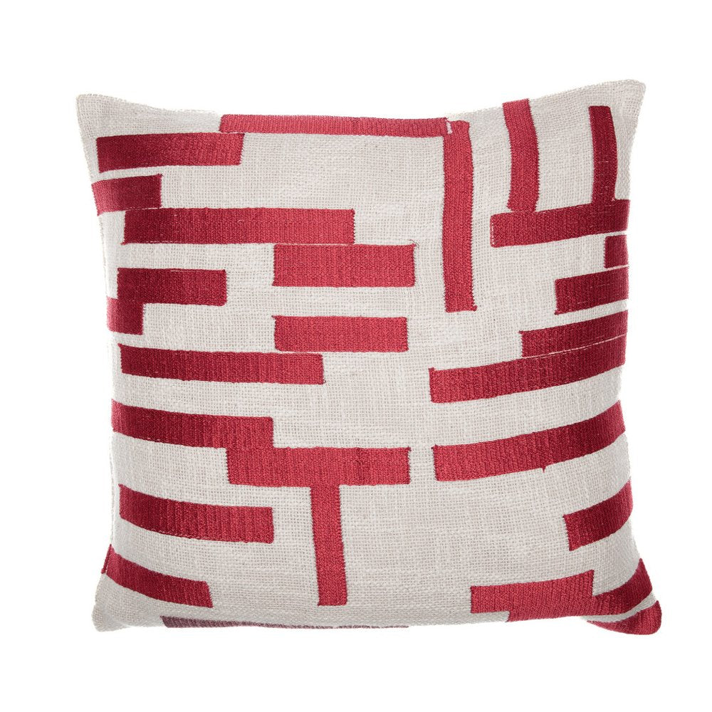 20" Red and Ivory Geometric Cotton Blend Throw Pillow With Embroidery
