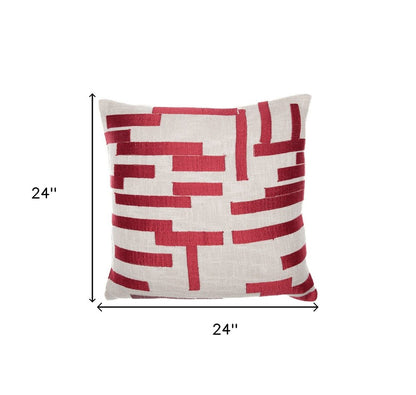 20" Red and Ivory Geometric Cotton Blend Throw Pillow With Embroidery