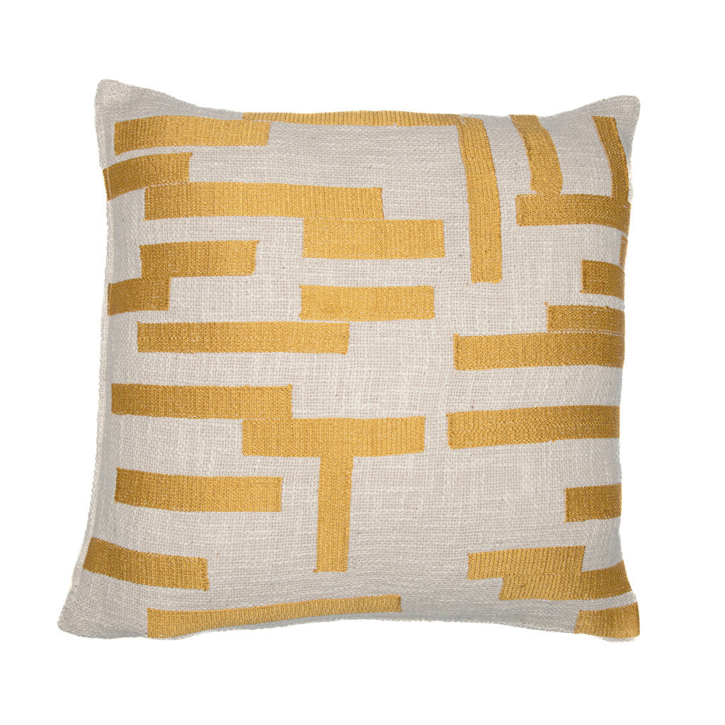 20" Ivory Geometric Cotton Blend Throw Pillow With Embroidery