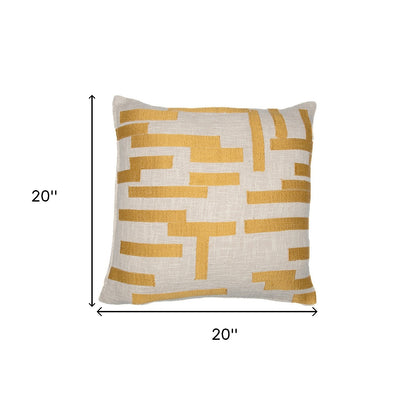 20" Ivory Geometric Cotton Blend Throw Pillow With Embroidery