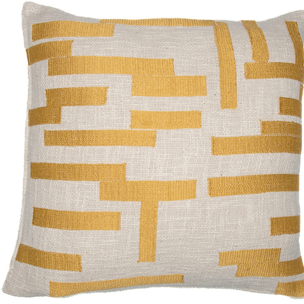 20" Ivory Geometric Cotton Blend Throw Pillow With Embroidery