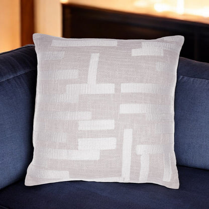 20" Ivory Geometric Cotton Blend Throw Pillow With Embroidery