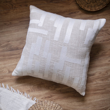 20" Ivory Geometric Cotton Blend Throw Pillow With Embroidery