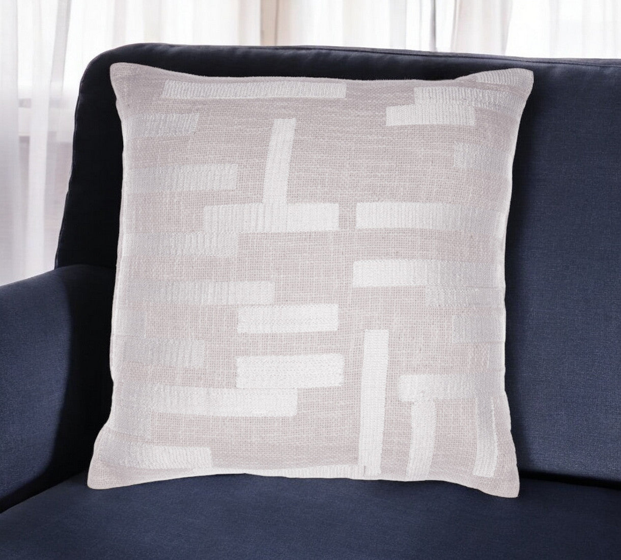 20" Ivory Geometric Cotton Blend Throw Pillow With Embroidery