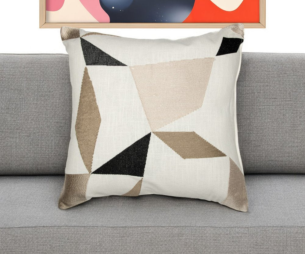 24" Ivory and Blue Geometric Cotton Blend Throw Pillow  With Embroidery