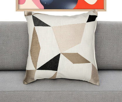 24" Ivory and Blue Geometric Cotton Blend Throw Pillow  With Embroidery