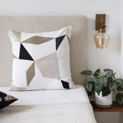 20" Blue and Beige Geometric Cotton Blend Throw Pillow With Embroidery