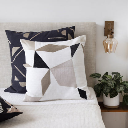 24" Ivory and Blue Geometric Cotton Blend Throw Pillow  With Embroidery