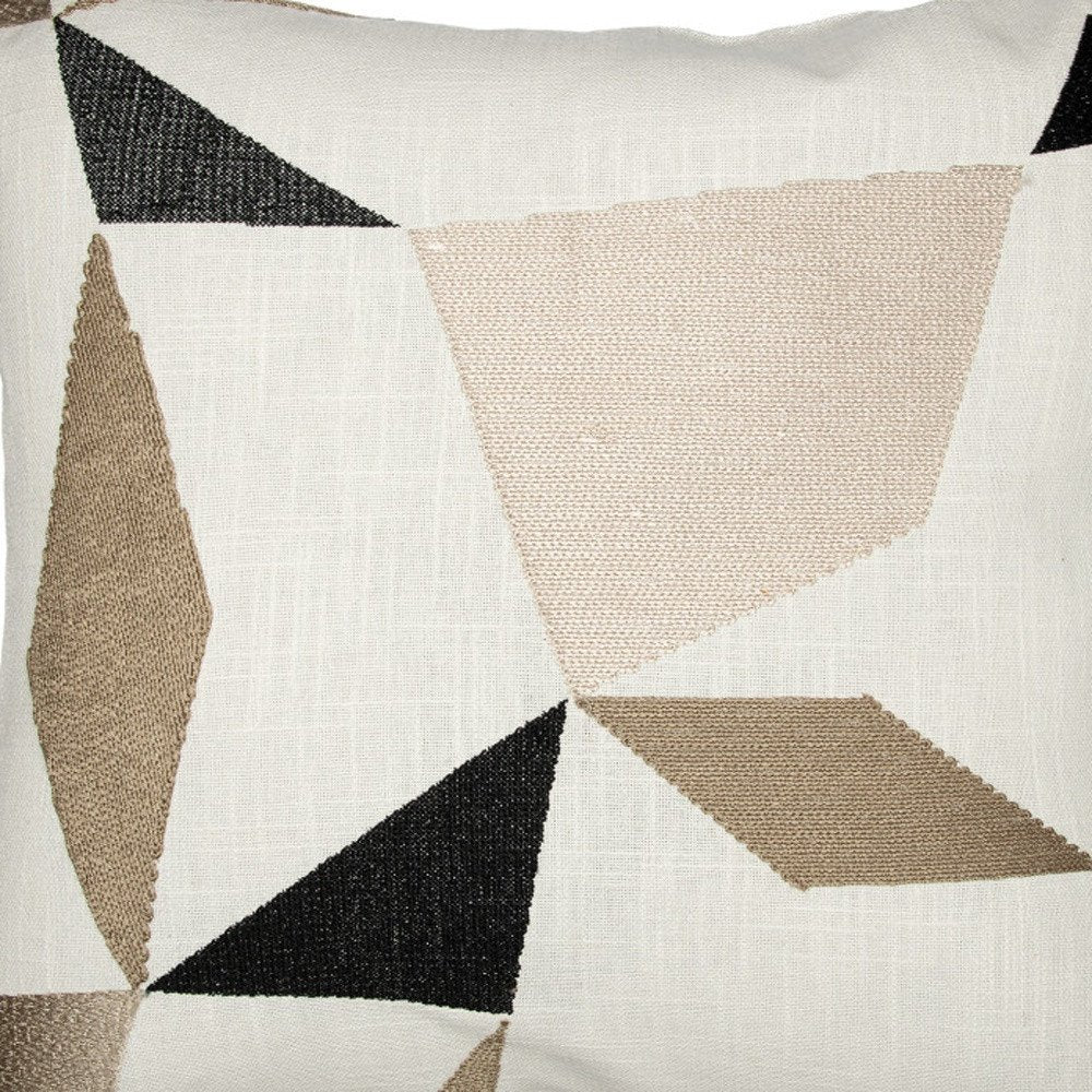 24" Ivory and Blue Geometric Cotton Blend Throw Pillow  With Embroidery