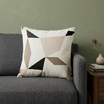 24" Ivory and Blue Geometric Cotton Blend Throw Pillow  With Embroidery