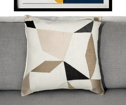 20" Blue and Beige Geometric Cotton Blend Throw Pillow With Embroidery