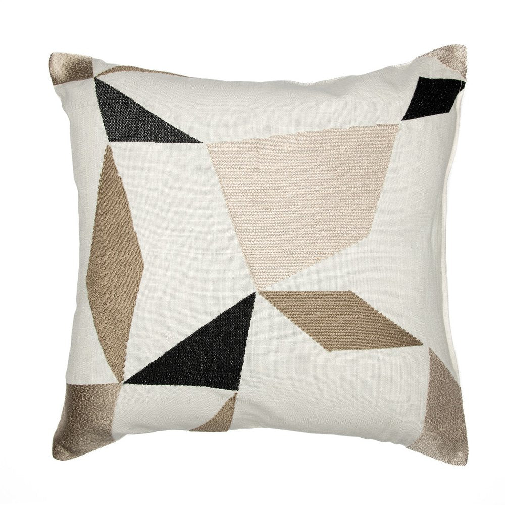 24" Ivory and Blue Geometric Cotton Blend Throw Pillow  With Embroidery