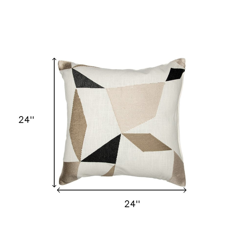 24" Taupe and Ivory Geometric Cotton Blend Throw Pillow With Embroidery