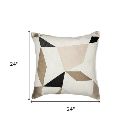 24" Taupe and Ivory Geometric Cotton Blend Throw Pillow With Embroidery