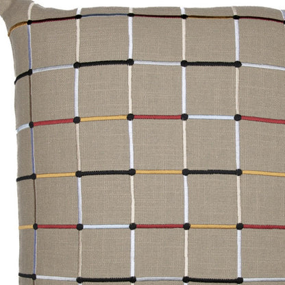 20" White Check Cotton Blend Throw Pillow With Embroidery