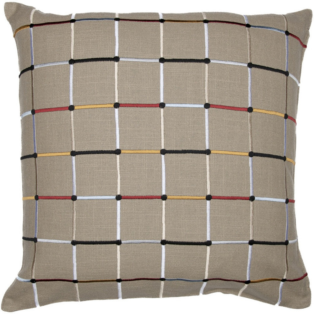 20" Beige Check Cotton Blend Throw Pillow With Embroidery