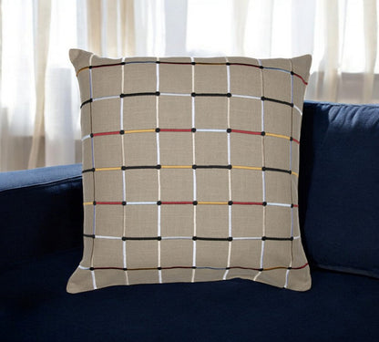 24" White Check Cotton Blend Throw Pillow With Embroidery