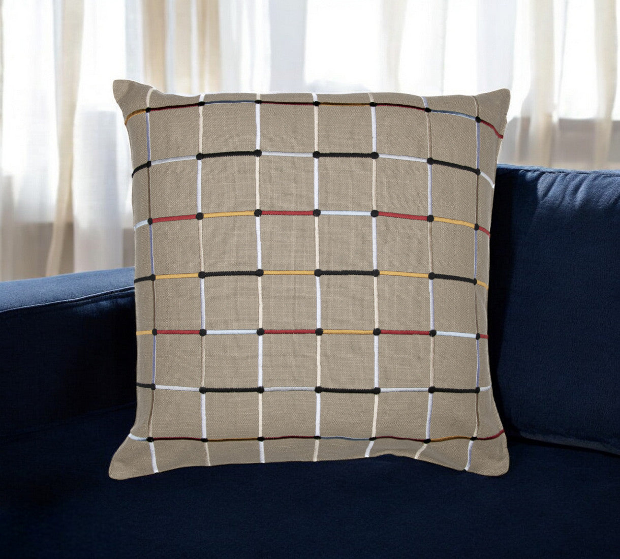 20" Beige Check Cotton Blend Throw Pillow With Embroidery