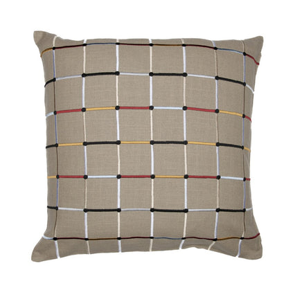 24" White Check Cotton Blend Throw Pillow With Embroidery