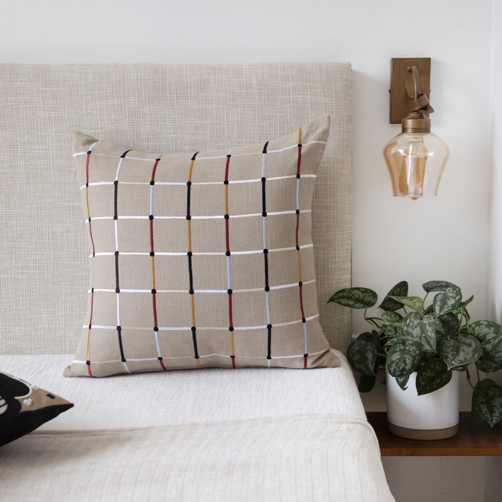 20" White Check Cotton Blend Throw Pillow With Embroidery