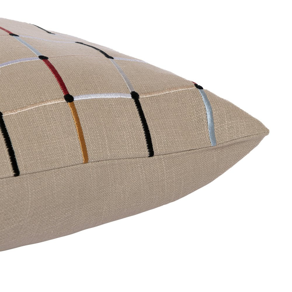 20" White Check Cotton Blend Throw Pillow With Embroidery