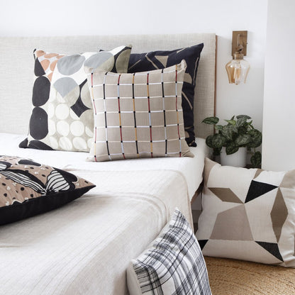 24" White Check Cotton Blend Throw Pillow With Embroidery