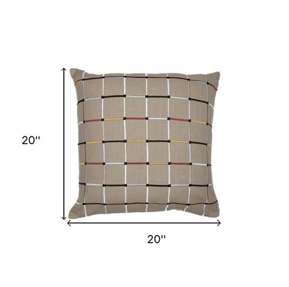 20" Beige Check Cotton Blend Throw Pillow With Embroidery