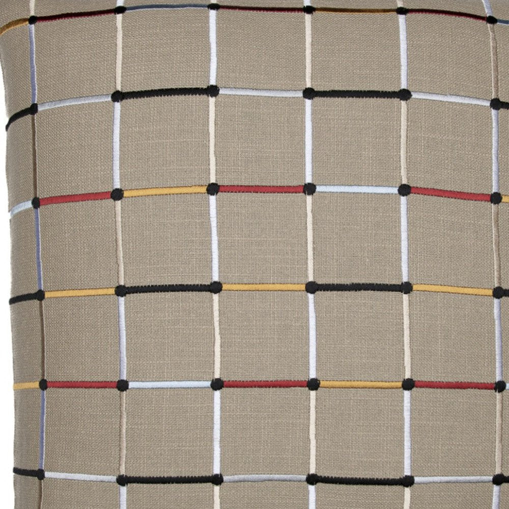24" White Check Cotton Blend Throw Pillow With Embroidery