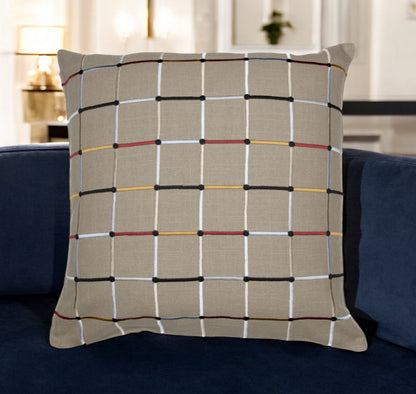 20" Beige Check Cotton Blend Throw Pillow With Embroidery