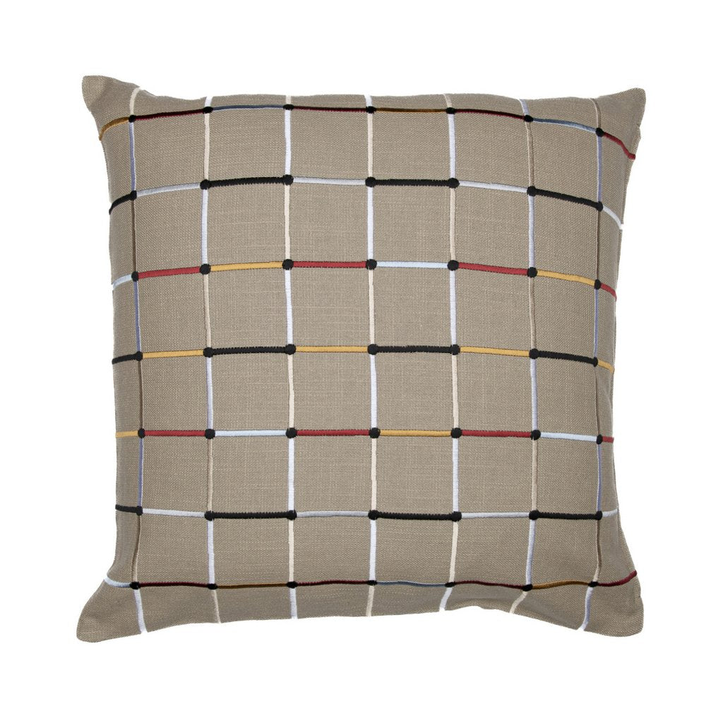 24" White Check Cotton Blend Throw Pillow With Embroidery